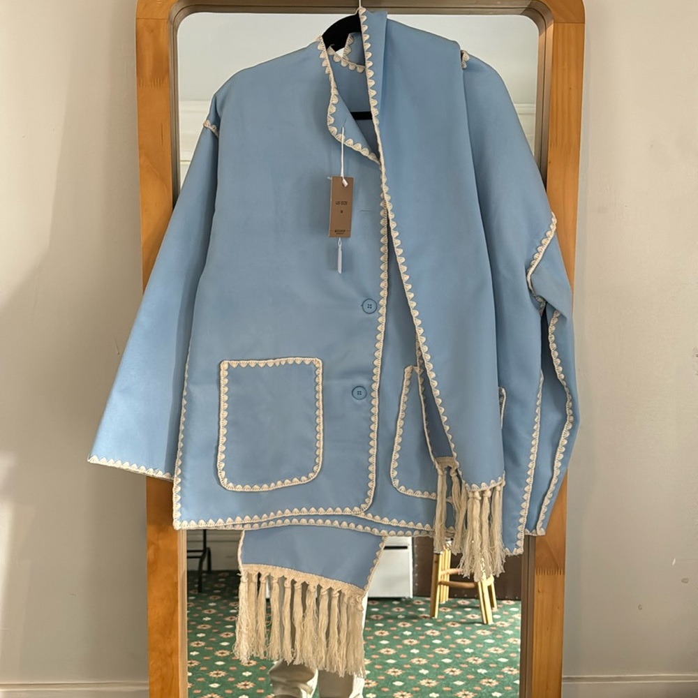 Blue and white stitch jacket with matching scarf